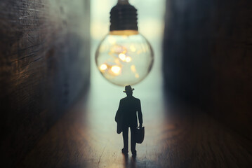 Surreal image of person in dark corridor looking at glowing light bulb. Concept of finding the right idea, or way out