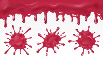 Sticker - Dripping jam. Sweets berries sauce, delicious raspberry healthy dessert. Pink glaze or candy liquid cream background. Realistic cherries splash vector set. Illustration berry sauce flowing, jam drip