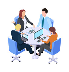 Sticker - Teamwork. Isometric business meeting, people talking about project at table or working process. Brainstorm vector illustration. Business teamwork meeting, 3d conversation people in office