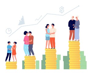 Retirement savings plan. Smart retired, pension management. Family money fund, aging man successful invests finance vector illustration. Finance to retirement and investment savings in age