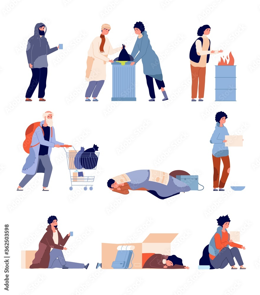 Homeless people. Beggar person, poor man need helping and charity. Isolated  cartoon poverty dirty and hungry refugees vector illustration. Homeless and  beggar, man poverty need help Stock Vector | Adobe Stock, image size:881x1000