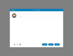 Mail window. Template for new message with subject and user avatar. Browser mockup with blank page and send, cancel and save buttons. Editable mail form frame. Vector EPS 10.