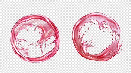 Poster - Circle splash of juice or pink water isolated on transparent background. Vector realistic set of liquid round flow of clear red drink, strawberry or berry juice, rose wine