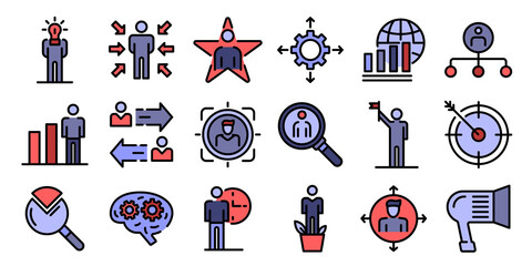 Poster - managing skills icons set. outline set of managing skills vector icons thin line color flat on white