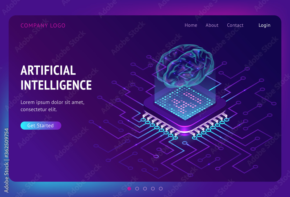 Artificial intelligence isometric landing page, ai technologies, glowing human brain levitate on antigravity platform with microcircuits on neon glowing futuristic background, 3d vector web banner - obrazy, fototapety, plakaty 
