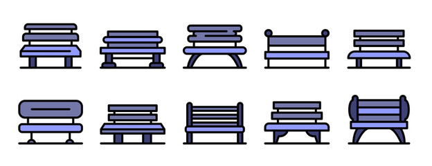 Wall Mural - Park bench icons set. Outline set of park bench vector icons thin line color flat on white