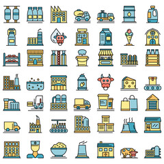 Poster - Milk factory icons set. Outline set of milk factory vector icons thin line color flat on white