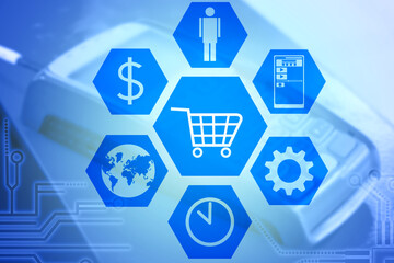 Poster - The concept of online shop in blue. Interface for online purchases and payments. Purchases and payments on the Internet. Making purchases from home.