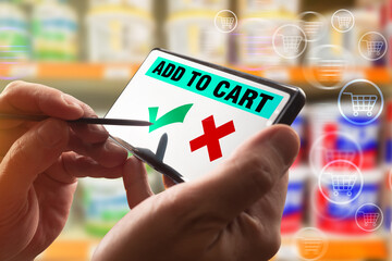 Poster - The concept of online shopping. The person adds products to the virtual shopping cart. Shopping through the Internet. Ordering products using the mobile app.