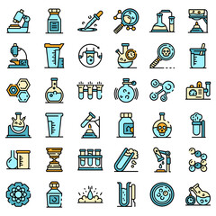 Poster - Chemical laboratory experiment icons set. Outline set of chemical laboratory experiment vector icons thin line color flat on white