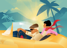 Man And A Woman Ride In A Recto Car To The Sea Or Ocean. Vacation Travel