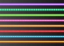 Colorful LED Strips Collection, Bright Luminous Ribbons Isolated On A Transparent Background. Realistic Neon Lights, Illuminated Decoration Tapes Set. Vector Illustration.