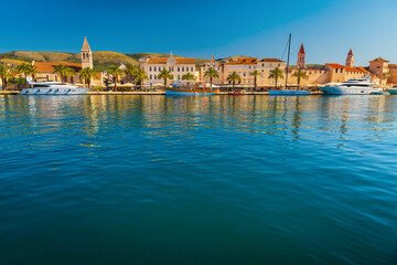 Wall Mural - Trogir old town and moored boats, yachts in the harbor