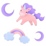 Fototapeta Dinusie -  magic pink unicorn. cartoon style cute unicorn flying in the sky with rainbow and moon isolated. kids stuff for book page or calendar or card. dreaming and imagination concept. seamless pattern