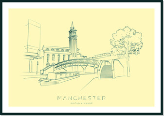 Manchester urban sketch poster, Bridgewater canal in Castlefield, vector illustration and typography design, England, UK