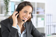 Happy telemarketer posing looking camera at office