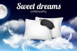 Night dreams poster. Relax concept placard with soft comfortable pillow and sleeping mask on clouds vector realistic template. Comfortable pillow for sleep, bedtime relax illustration