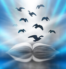 Poster - an abstract fantasy image opens an old book with birds flying out of the book as birds flying to the