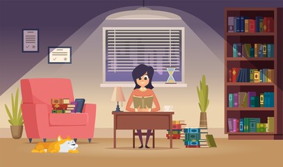 Poster - Student preparing for exam. Teacher working, woman reading books in room. Girl with dog studying at night vector illustration. Student education, study to exam, person do homework