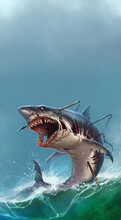 Great White Shark Zombie Attacks In A Jump. A Giant Zombie Shark Attacks Jumping Out Of The Sea Into Halloween. Sea Waves On Light Sky Background Texture Background Copy Space Vertical.