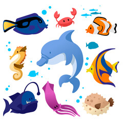 Sticker - Cartoon Color Different Fish Icons Set. Vector