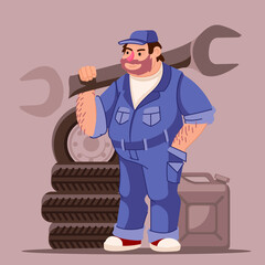 Wall Mural - Cartoon Color Character Person Male Mechanic Concept. Vector