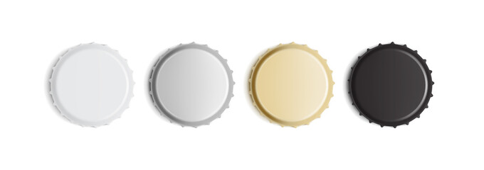 white, golden, silver and black bottle caps isolated on white background mock up 