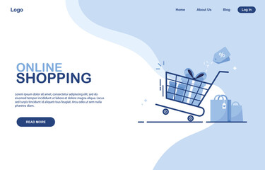 Wall Mural - Template for online store. Online Shopping banner. Shopping cart with purchases, gifts, boxes. Delivery from a supermarket, shop. E-commerce landing page. Internet marketing. Web page. Blue. Eps 10