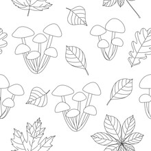 Seamless Pattern Mushrooms Autumn Leaves Vector Illustration Black And White Colors