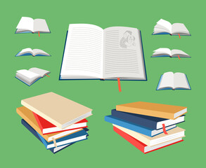 Closed and open books. Cartoon empty textbooks with bookmarks. Blank books in colored hardcovers. Vector illustration of book mockups isolated on green background