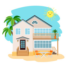 Beach house. Cartoon housing with door and flashlight for vacation among palms, clear sky with luminous sun and sand, vector illustration of relax on nature isolated on white backgr