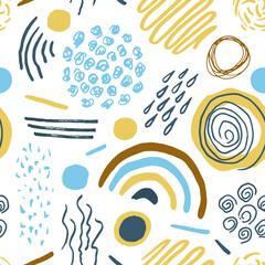 Wall Mural - Trendy seamless pattern with hand drawn elements, abstract shapes and Doodle objects. Modern vector illustration for paper, wallpaper, cover, fabric and other users.