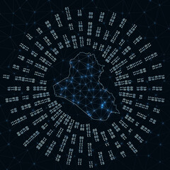 Republic of Iraq digital map. Binary rays radiating around glowing country. Internet connections and data exchange design. Vector illutration.