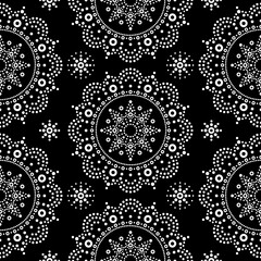 Wall Mural - 
	
Aboriginal dot painting mandala seamless vector pattern, white bohemian Mandala vector dot art on black background, retro folk design inspired by traditional art from Australia
 