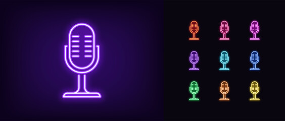 Wall Mural - Neon microphone icon. Glowing neon mike sign