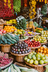 Funchal - Madeira, 20.09.2019. Farmers market with fresh products. A counter with fruits and vegetables.
