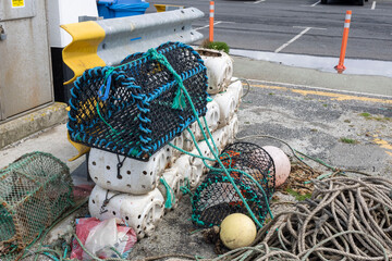 Fishing nets and floats on dock