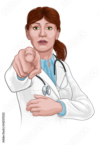Cuadros en Lienzo A woman doctor pointing in a your country needs or wants you gesture