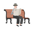 Old men reading newspaper outdoor, grandfather with mustache in hat sits on bench, gentleman walk in park. Flat vector cartoon character
