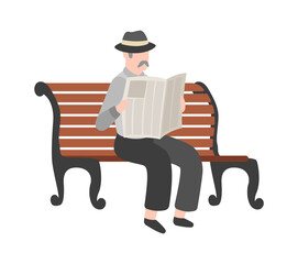 Old men reading newspaper outdoor, grandfather with mustache in hat sits on bench, gentleman walk in park. Flat vector cartoon character