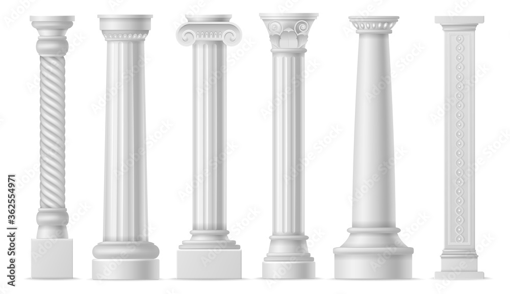 Antique white columns. Roman historical stone pillars, marble pillar ancient greece architecture, classic column art objects vector set - obrazy, fototapety, plakaty 