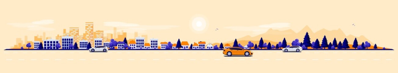 Wall Mural - City road traffic in urban landscape street with cars, city skyline office buildings, family houses in town and mountain with trees in background. Orange blue flat vector cartoon style illustration.