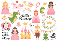 Princess Collection With Golden Crown, Castle, Dragon And Frog. Hand Drawn Childish Illustration.