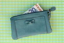 Closeup Shot Of A Green Wallet On 20 Euros
