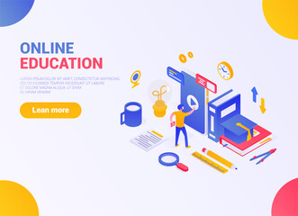 Wall Mural - Isometric concept of online learning. E-learning. A person launches training around which subjects for learning are located. Gradient.Сan be used on web pages, web banners, web sites, in presentations