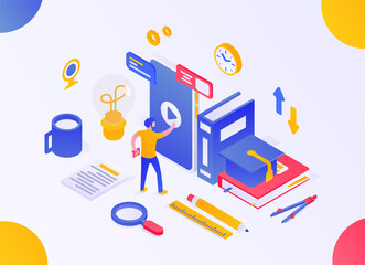 Wall Mural - Isometric concept of online learning. E-learning. A person launches training around which subjects for learning are located. Gradient.Сan be used on web pages, web banners, web sites, in presentations