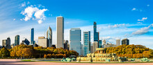 Chicago Skyline And Buckingham Fountain At Grant Park In Illinois - United States