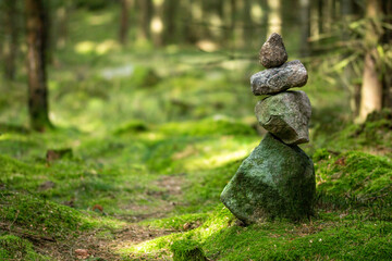 cairn, stones, stone, wood, undergrowth, forest, path, green, nature, wellness, forest undergrowth, tree, trees, landmark