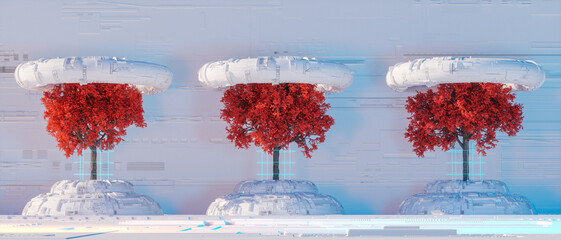 Wall Mural - red trees in a futuristic room (3d rendering)