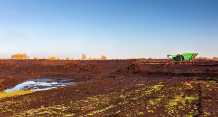 Peat excavation machine in a bog in Northwestern Germany